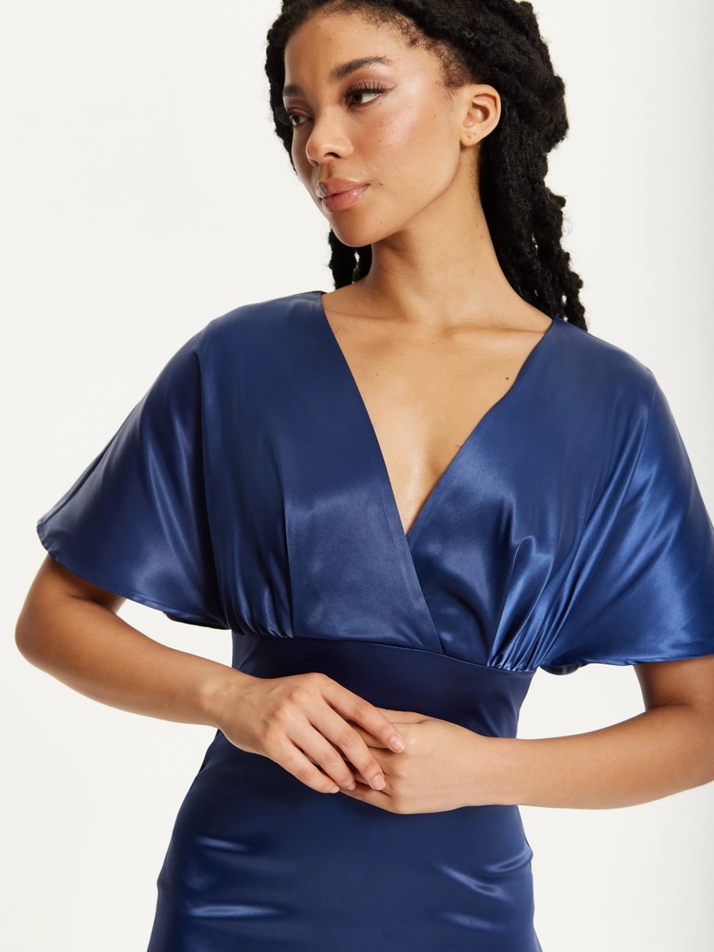 Express Navy Satin Midi Dress Faux Wrap